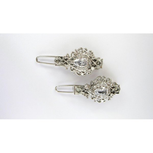 Generic Two small tiny silver filigree crystal hair pin clip barrettes fine hair