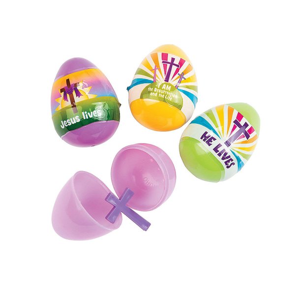 Fun Express - He Lives Plastic Eggs W/Crosses for Easter - Party Supplies - Pre - Filled Party Favors - Pre - Filled Plastic Containers - Easter - 12 Pieces