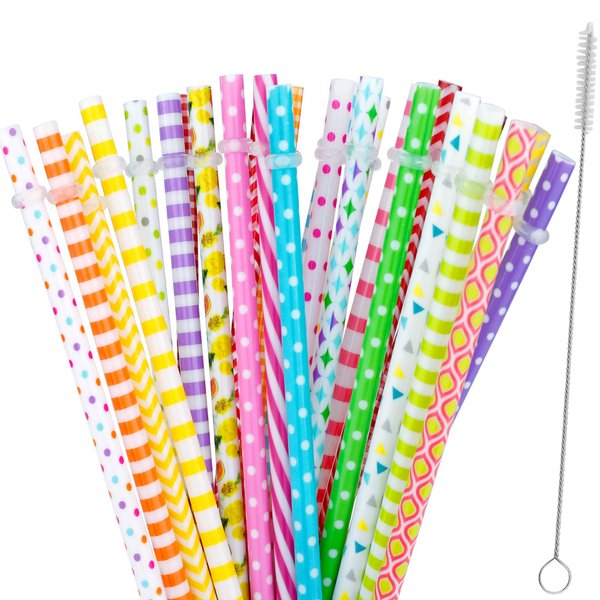 JANYUN 30 Pieces Reusable Plastic Straws BPA-Free 9" Colorful Printing Hard Platic Stripe Drinking Straw for Mason Jar Tumbler Family or Party Use Cleaning Brush Included(Random Pattern) (Straight)