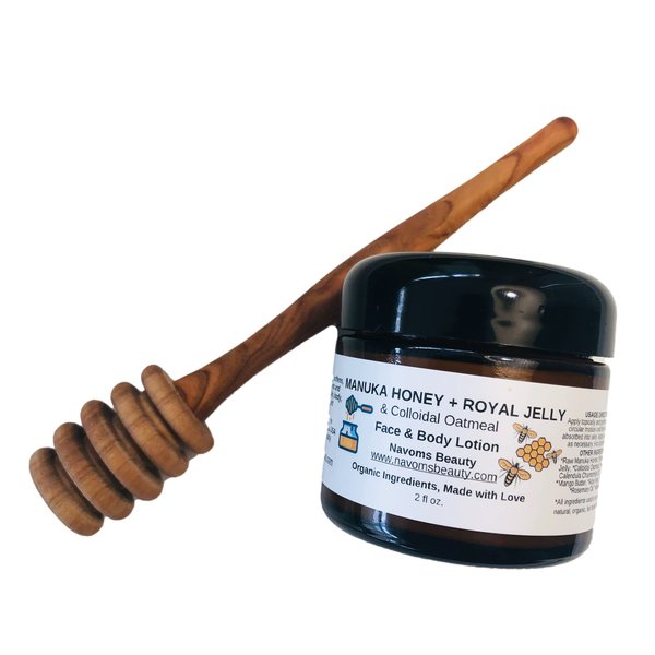 Navoms Beauty Organic Manuka Honey and Royal Jelly Lotion with Colloidal Oatmeal | Bee Moisturizing Lotion | Face and Body Lotion | For All Ages and Skin Types | (2 oz glass jar)