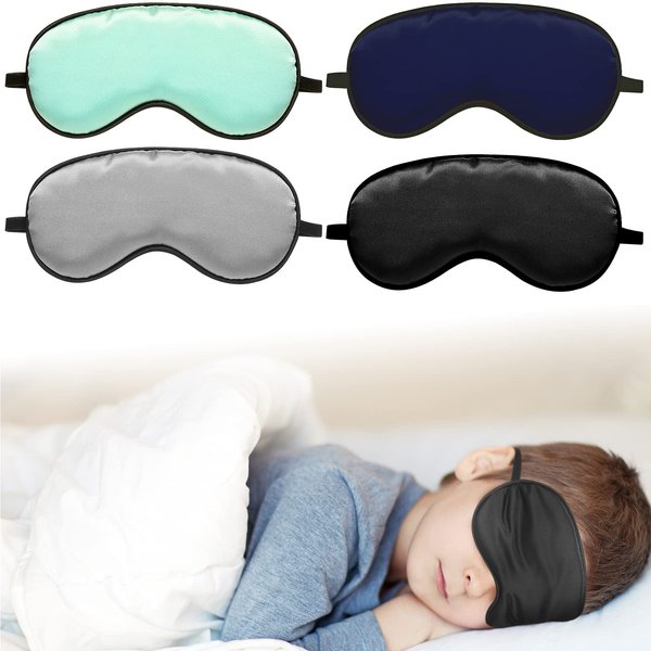 Sintege 4 Pcs Eye Mask for Sleeping Kids Smooth Silk Soft Eye Cover with Adjustable Strap Blindfold for Sleeping Block Out Light Childhood Kids Gift Boys Girls (Black, Gray, Blue, Green)