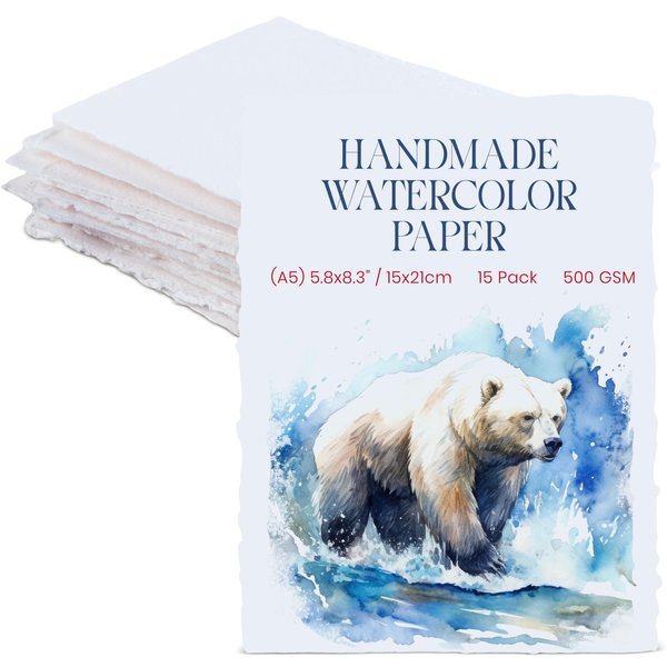 Thick Handmade Watercolor Paper with Deckled Edge A5-5.25x8.25-500GSM, Premium White Cold-Pressed Textured Mixed Media Paper Made with Recycled Cotton - 15 Loose Leaf Sheets