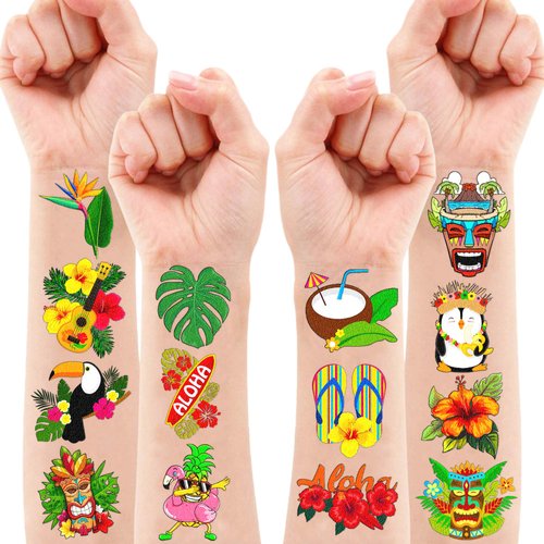 100 PCS Hawaiian Tattoos Birthday Party Decorations Supplies Favors Tiki Hawaii Luau Temporary Tattoos Flower Tropical Summer Beach Aloha Palm Decor Stickers Accessories Gift School Prizes Rewards
