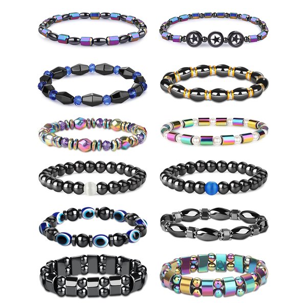 12Pcs Hematite Magnetic Bracelets Set for Men Women Magnetic Ankle Bracelet Circle Star Rainbow Magnet Stone Bracelet