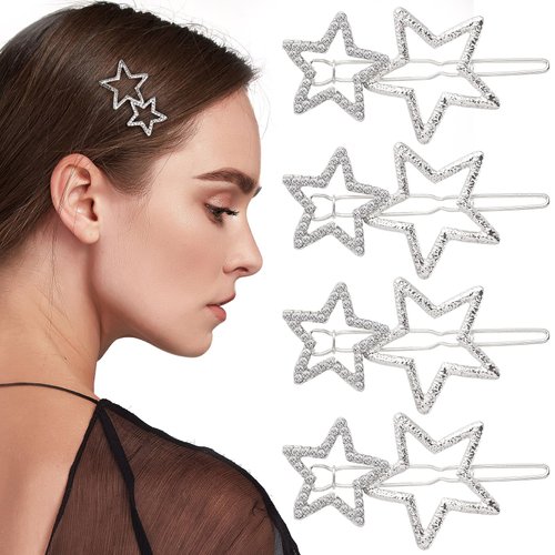OIIKI Star Hair Clips Pins Silver 8pcs, Star Hair Barrettes Elegant Metal Hair Clips Rhinestone Hairpin, Hollow Geometric Hair Pins for Women Girls Hair Styling Accessories