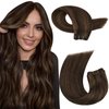 Moresoo Hand Tied Weft Hair Extensions Human Hair Brown Highlight Sew in Hair Extensions Real Human Hair Darkest Brown Highlighted with Light Brown Double Weft Hair Wefts Sew in Extensions 100g