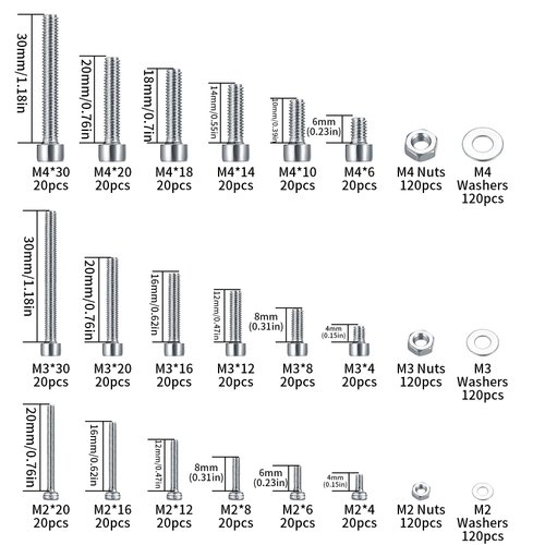 1080pcs Screws Bolts and Nuts and Washers Assortment Set, Metric M4 M3 M2 Stainless Steel Hex Socket Head Cap Screws Kit, Assorted Machine Screws Nuts and Bolts with Washers