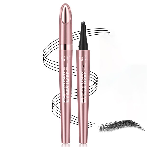 3D Eyebrow Pencil, 4 Tip Microblading Eyebrow Pencil, 24 Hours Smudge Proof Brow Pen, Brow Pen Makeup Natural Fine Stroke, Waterproof Eyebrow Pencil for Women (Black)