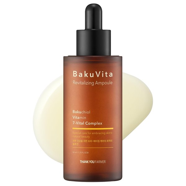 THANKYOU FARMER BakuVita Revitalizing Ampoule - Bakuchiol Retinol Alternative, Vitamin C + E Korean Serum, Pore Care, Firming, Vegan 1.75 fl oz (50ml)