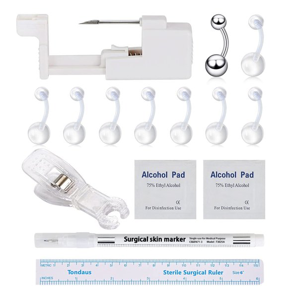 Beautidots 18PCS Body Piercing Kit for Ear/Nose/Lip/Eyebrow/Belly Button/Nipple Stainless Steel Piercing Needles Tools Safety Painless Disposable Self Piercing Gun