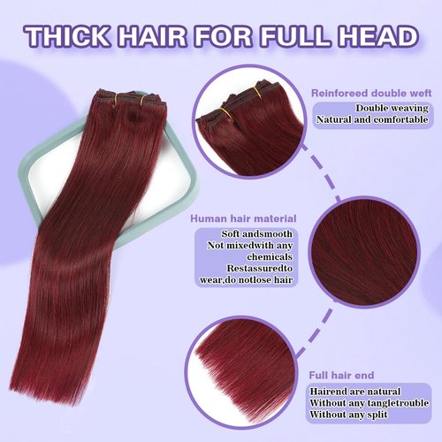 Clip in Hair Extensions Real Human Hair #99J Burgundy Red Clip in Hair Extensions Dark Red Brazilian Virgin Hair Double Weft Clip In Extensions 8pcs Clip In Hair Extensions Human Hair(24Inch #99J,90g)