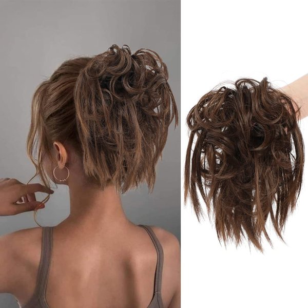 KETHBE Messy Bun Hair Piece,Synthetic Tousled updo Hair Buns Hair Piece Short Ponytail Faux Hair Scrunchie Extension with Elastic Rubber Band Fake Hair Bun Pieces for Women (Chestnut Brown)