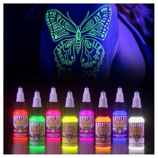 Fluorescent Tattoo Ink Set - Tattoo Inks Pigment Kit, 8 Color 1/2oz 15ml/Bottle Professional Tattoo Fluorescent Ink & Tattoo Equipment for Halloween Supplies