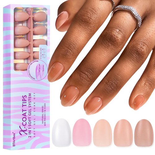 BTArtbox XCOATTIPS Gel Nail Tips - 640Pcs Extra Short Almond Press On Nails, 5 Natural Colors Long Lasting Short False Nail, Soak Off Acrylic Fake Nails Extensions for Nail Art DIY Summer Gift