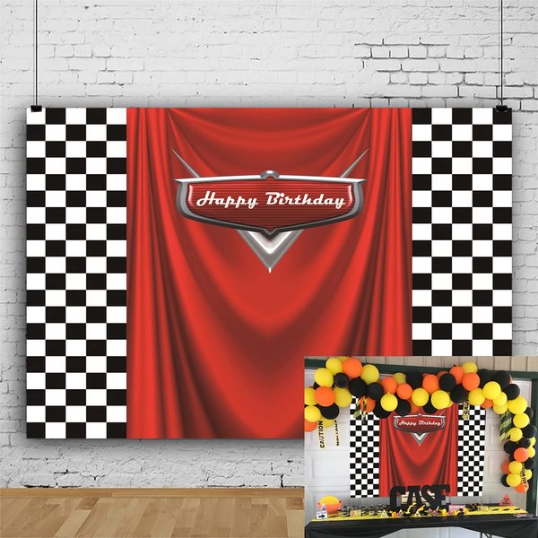 Red Car Racing Competition Backdrop Competition Car Racing Check Flag Background Kids boy Birthday Party Photography Banner Superman Cloak Decoration Supplies (8x6FT)