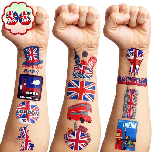 Generic British Temporary Tattoos Birthday Party Supplies Favors Decorations Super Cute 96PCS Fake Tattoos Stickers for Boys Girls School Classroom Rewards Gifts Ideal Halloween