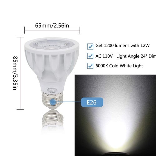 Rowrun PAR20 12W Narrow Flood Light Bulb E26 Dimmable LED Bulb Spotlight Beam Angle 24 Degree 100W Halogen 6000K Cold White 2-Pack