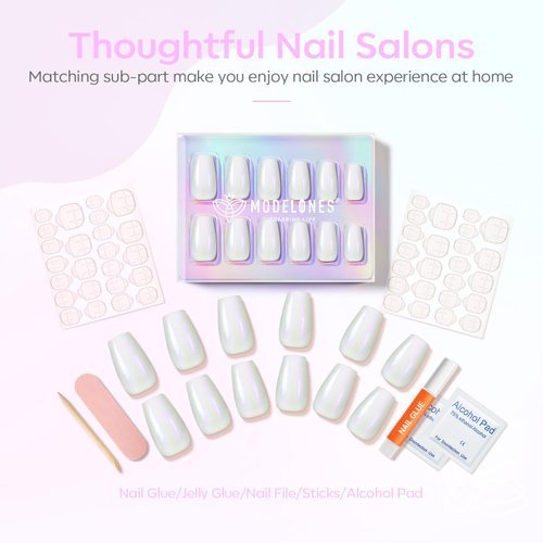 Modelones 30Pcs Press On Nails Medium, 15 Sizes Chrome Coffin Full Cover Nail Tips with Nail Tools Includes Nail Glue, Reusable Aurora Artificial Nails Fake Nails for Nail Art Kit, Moonlight White