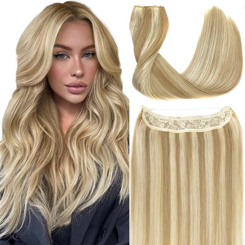 RECOOL Real Human Hair Balayage Light Blonde to Bleach Blonde Remy Invisible Wire Straight Clip in Hair Extensions(14 inch)
