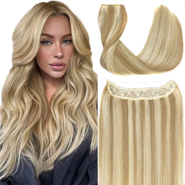 RECOOL Real Human Hair Balayage Light Blonde to Bleach Blonde Remy Invisible Wire Straight Clip in Hair Extensions(14 inch)