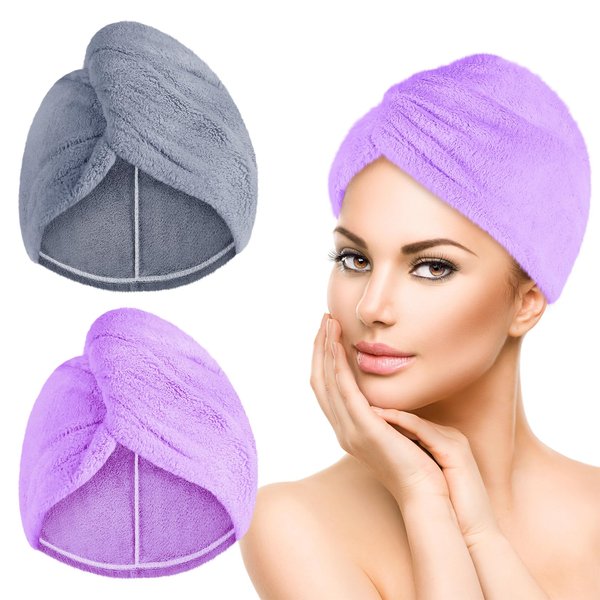 Hair Towel Wrap 2 Packs Microfiber Absorbent Hair Drying Towel Turban for Quick Drying Long Wet Hair (Purple&Grey)
