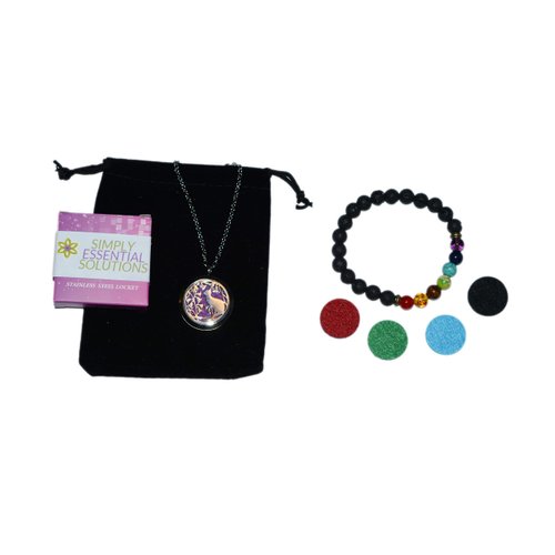 Aromatherapy Essential Oil Diffuser Stainless Steel 30MM Silver Magnetic Locket Pendant with Chain Necklace and Colored Refill Pads & Diffuser Bracelet All in a Velvet Bag (Cat)