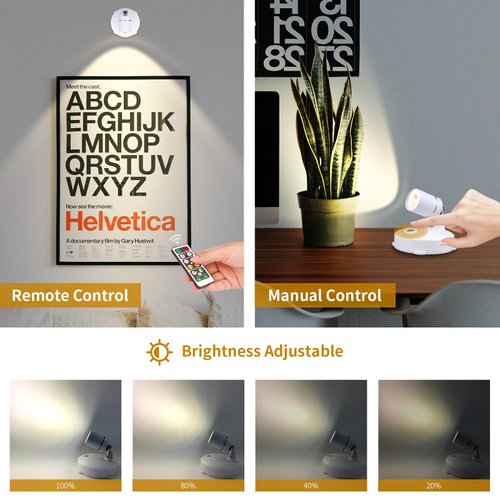 LEASTYLE Spot Lights Battery Operated Picture Lights Mini Accent Lights Indoor Dimmable LED Spotlight with Remote Stick on Anywhere Rotatable Wall Light(2 Pack)