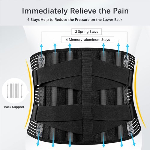 FREETOO Back Braces for Lower Back Pain Relief with 6 Stays, Breathable Back Support Belt for Men/Women for work, Anti-skid lumbar support belt with 16-hole Mesh for sciatica(Waist Size:45.3''-55'')