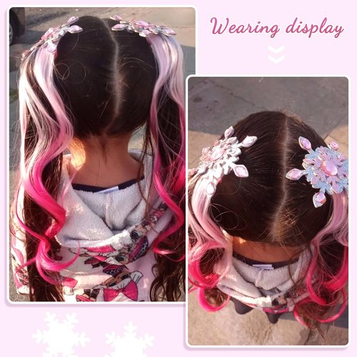 2 Pcs Colored Hair Extensions for Kids Snowflake Hair Clips Rainbow Curly Hair Extensions Rhinestone Braided Ponytails Gradient Hair Accessories for Little Girl Toddler Women Cosplay Dress Up