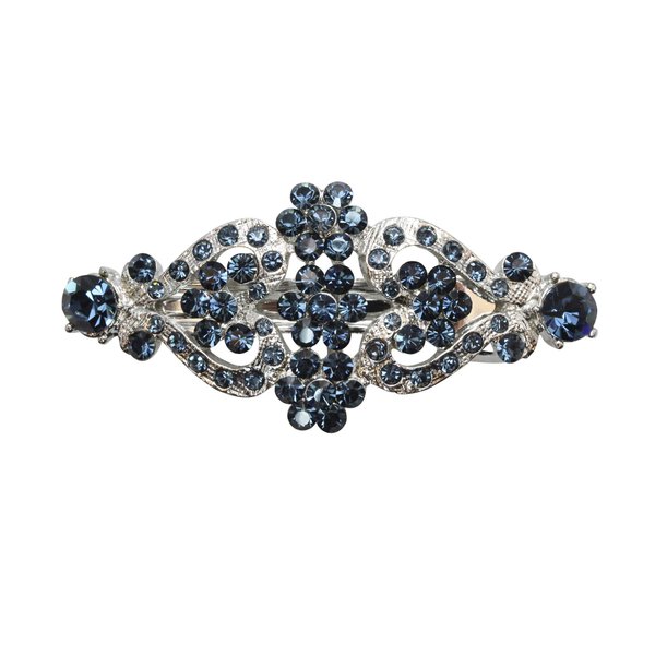 Faship Navy Blue Rhinestone Crystal Floral Double Hearts Hair Barrette Clip
