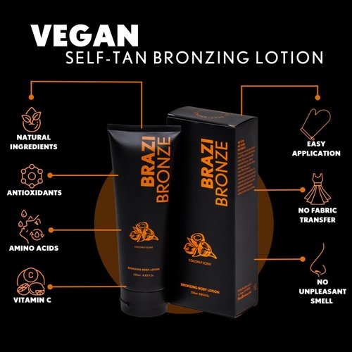 Brazi Bronze Self Tanner | All-Natural Gradual Self Tanning Lotion with Applicator Mitt | Luxurious Coconut Scent | Coconut Oil, Vitamin C, Hyaluronic Acid, Natural DHA