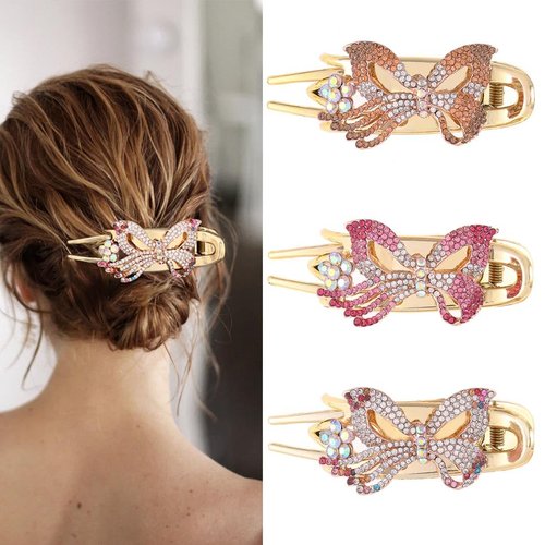 Campsis 3 Pack Butterfly Flower Hair Claws Rhinestone Sparkly Duckbill Hair Clips Gold Crystal Hair Accessories Daily Prom Birthday for Women