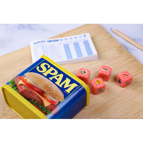 YAHTZEE Spam Brand | Collectible Yahtzee Game as Iconic Spam Can with Custom Dice | Dice Featuring Fried Spam, Spam Musubi, Spam Fries | Travel Yahtzee Game & Dice Game