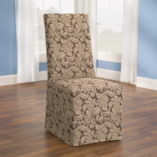 SureFit Scroll Long Dining Chair Slipcover (Brown) - Full Length Relaxed Fit High Back Chair Cover/Perfect for Adding Accents to Your Dining Room