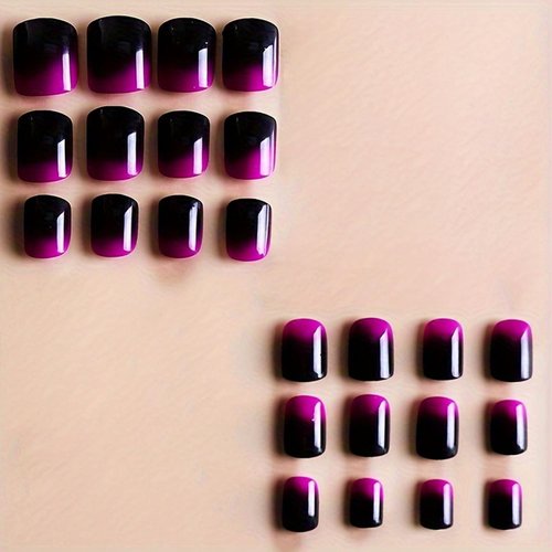 Purple Press on Nails Short Square French Fake Nail Glossy False Nails with Gradient Designs Glossy Purple Black Acrylic Nails Full Cover Stick on Nails for Women and Girls 24 Pcs…