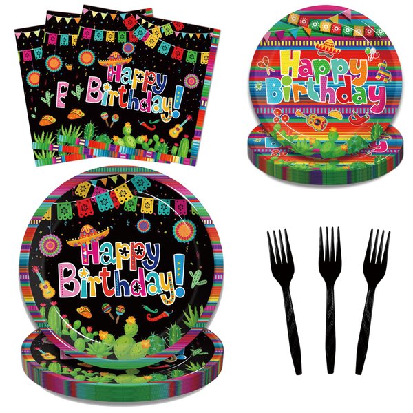 96 Pcs Mexican Birthday Party Plates, Fiesta Party Decorations Supplies Cinco De Mayo Carnival Birthday Party Paper Plates Napkins Colorful Stripe Serape Baby Shower Tableware