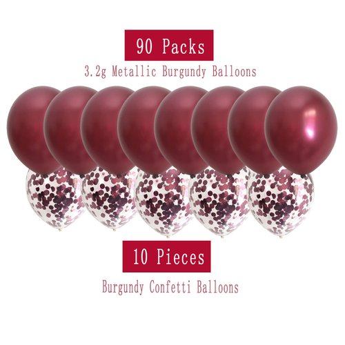 Burgundy Maroon Confetti Balloons-Wine Color Metallic Balloons for Wedding Anniversary Bridal Shower Women Birthday Valentines’ Day Graduation Party Decorations 12inch 100packs