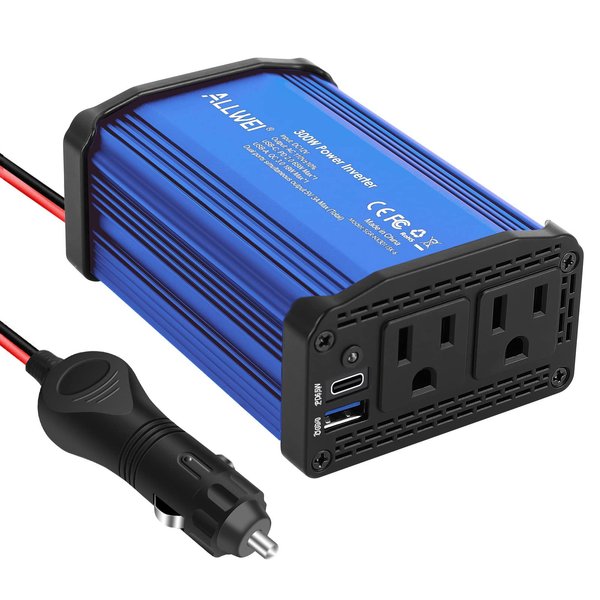 ALLWEI 300W Car Power Inverter DC 12V to 110V AC Power inverters for Vehicles Converter USB-C PD65W/18W USB Fast Charging Ports Car Charger Adapter (Blue)