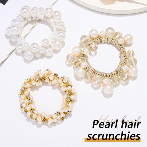 Fashey Pearl Hair Ties Rhinestone Ponytail Holder 3 Pcs Flower Hair Scrunchies Beaded Elastic Hairband Hair Accessories for Women (type B)