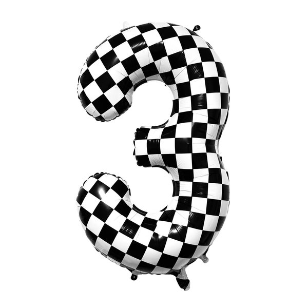 Kwuz 40 Inch Checkered Birthday Balloon Number 3 Boys Fast Three Birthday Decorations Race Car Racing Theme 3rd Birthday Party Balloons Decor Supplies Foil Mylar Black White