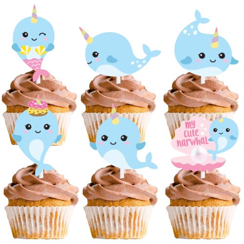 18pcs Blue Glitter Narwhal Dessert Cupcake Nautical Ocean Sea Whale Creature Theme Decor Supplies Baby Shower Boys Girls Happy Birthday Party Decorations