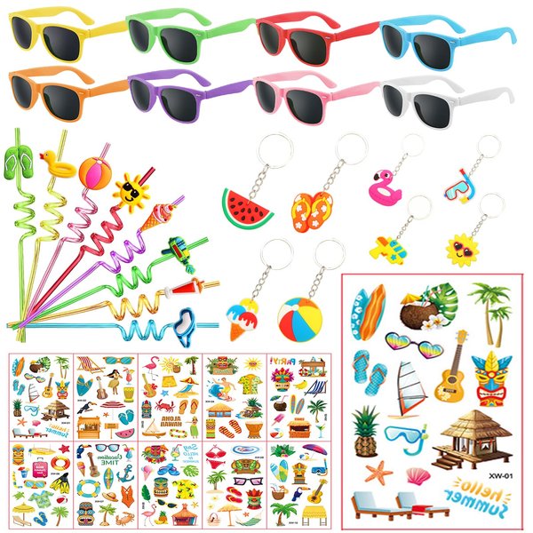 EHonrko Beach Pool Party Favors for Kids Hawaiian Party Favors Summer Birthday Party Favors Including Kids Sunglasses, Drinking Straws Keychains and Temporary Tattoos Stickers for Beach Pool Party