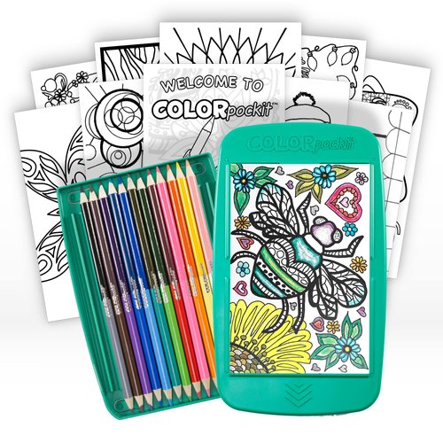 Colorpockit Coloring Kit Travel Art Set with Colored Pencils, 4x6 Coloring Cards, Built in Sharpener, Mess Free Trip Activities for Airplanes or Car, 8.5 x 5, 28 pieces