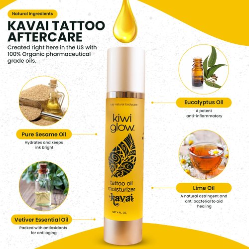 Kiwi Glow Kavai Tattoo Aftercare Organic and Natural Handmade Tattoo care Moisturizer with Sesame oil and Vitamin E Oil Tattoo Brightener (4 FL OZ)