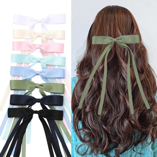 WORTL 8 PCS Hair Bows for Women, Hair Ribbon with Long Tail Bowknot Hair Clips for Women Girls, Hair Barrettes with Bow Accessories