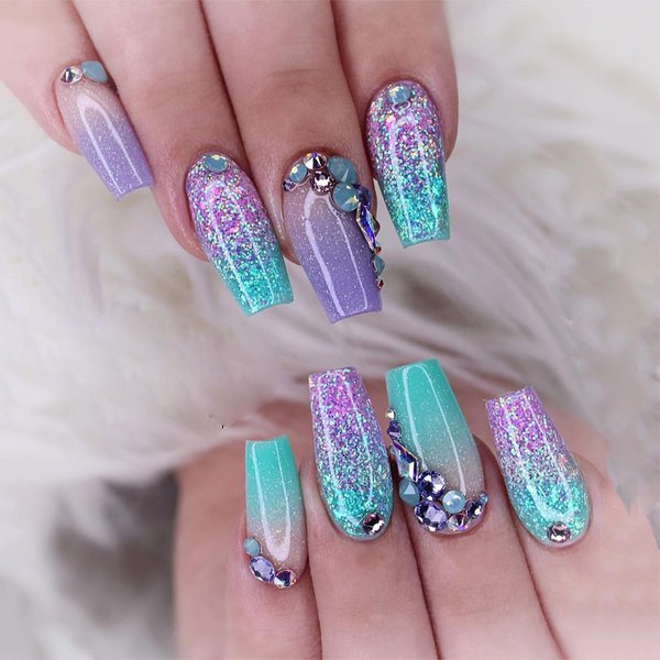 Glitter Rhinestones Press on Nails Medium Square Fake Nails Glossy Gradient False Nails Design Reusable Artificial Acrylic Nails Full Cover Stick on Nails Natural Glue on Nail for Women Charm Manicure