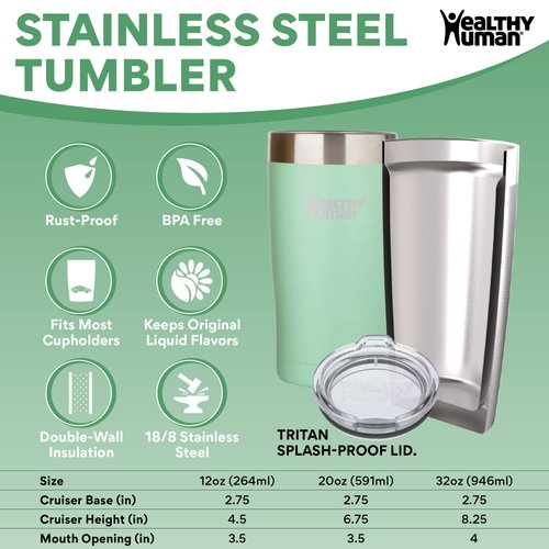 Healthy Human Stainless Steel Tumbler with Straw & Lid | Splash Proof Insulated Travel Cup | Eco-Friendly Coffee Tumblers | Water Cups with Straws Cleaner and Splash Proof Lids (20oz, Seamist)
