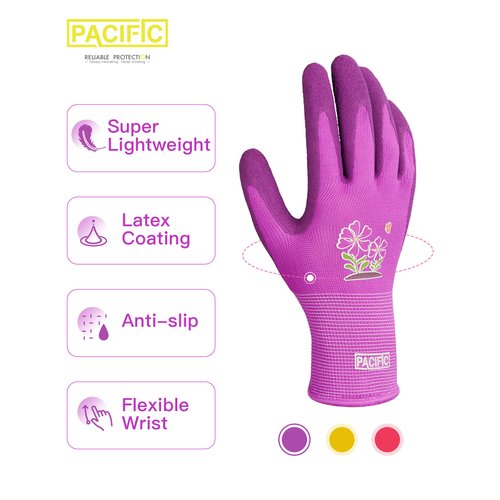 PACIFIC 6 Pairs Gardening Gloves for women, Rubber Coated Garden Gloves, Ladies Yard Work Gloves, Breathable, Purple & Yellow & Red, Medium