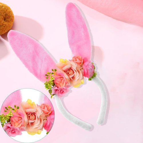 QDTK Easter Bunny Ears Headband Cute Spring Flower Crown Head Band Floral Rabbit Fairy Headpiece for Easter Birthday Party for Women and Girls