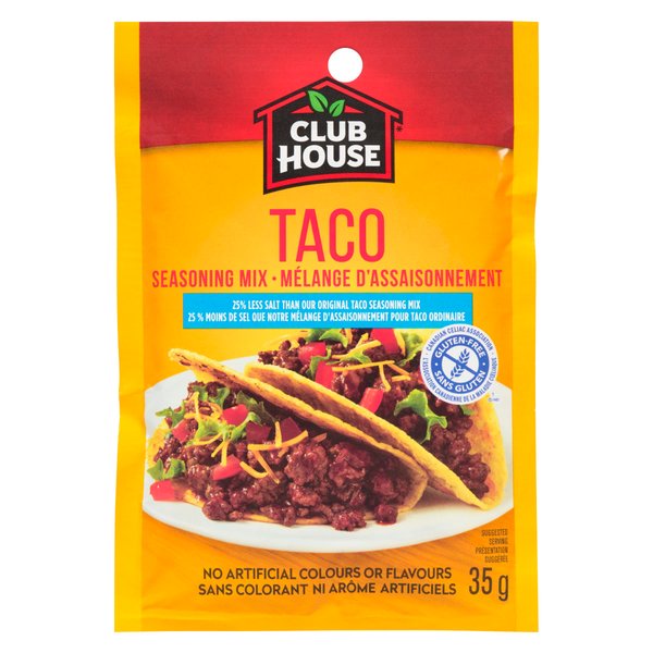 Club House 25% Less Salt, Gluten-Free, Taco Seasoning Mix, 35g/1.2oz., (Imported from Canada)
